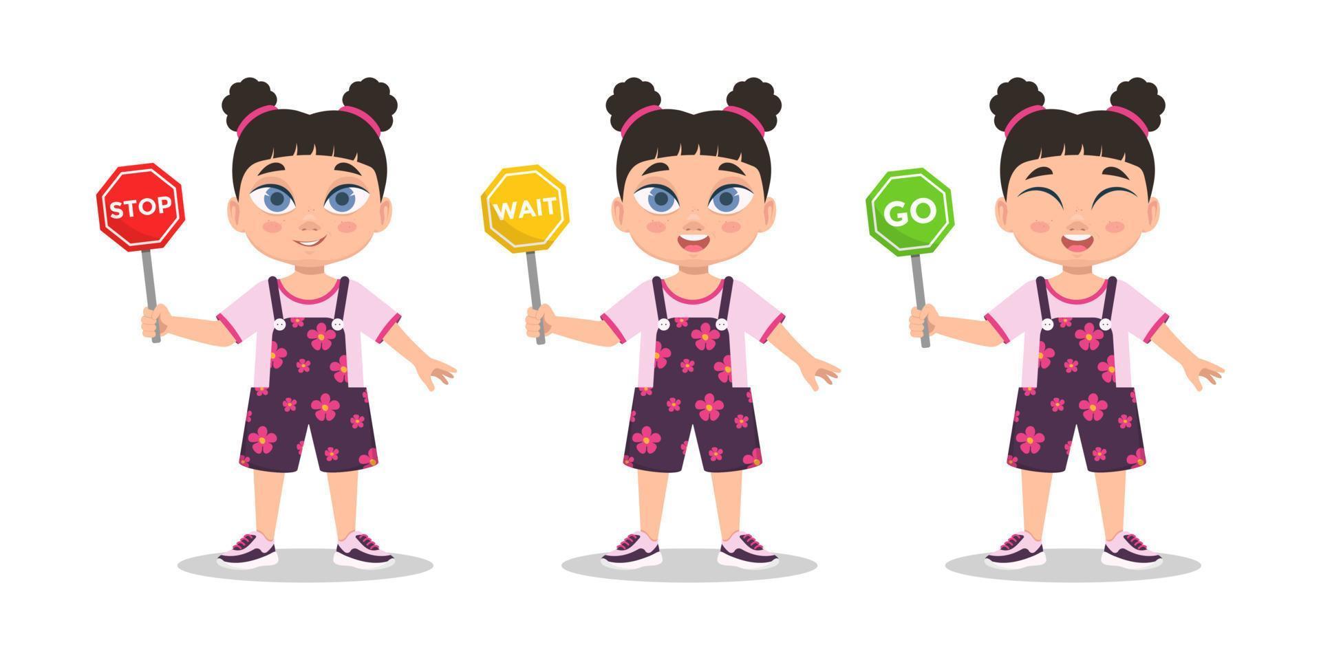 Set of girls, child girl with road sign vector