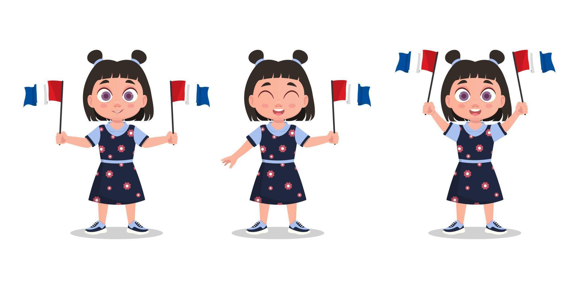 Set of cute baby with France flag in hand. Girl with a flag. vector