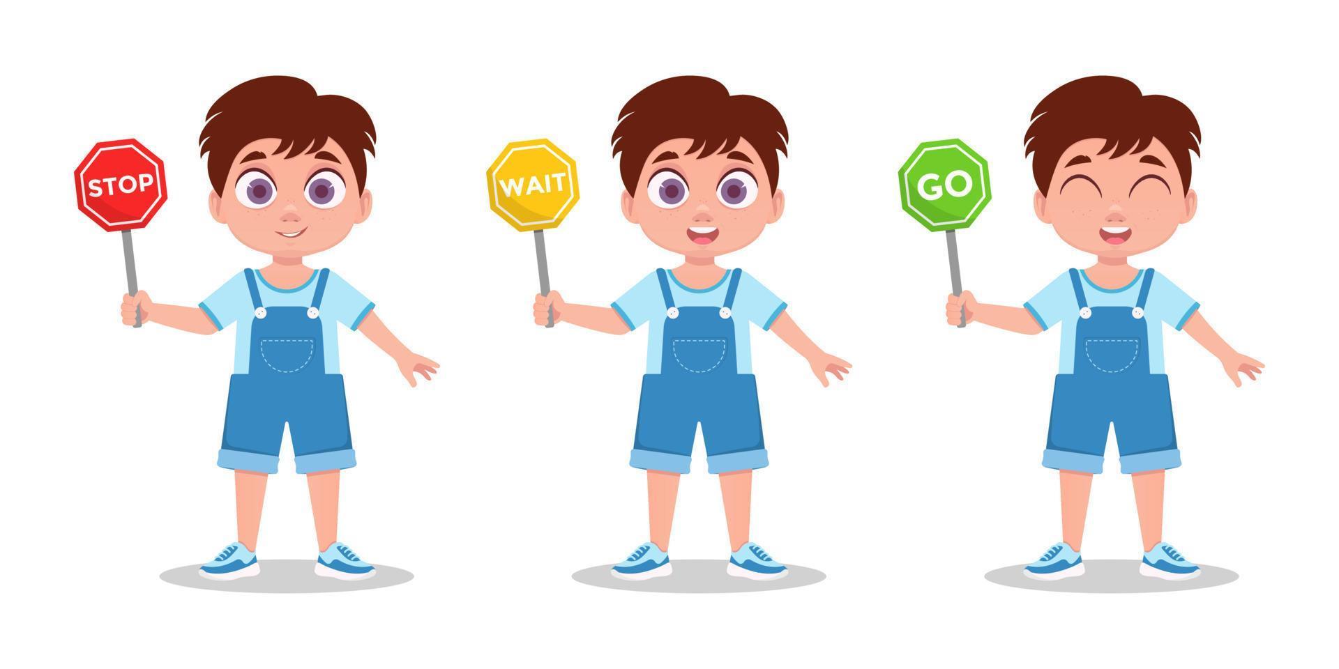 Boys set, schoolboy with road sign vector