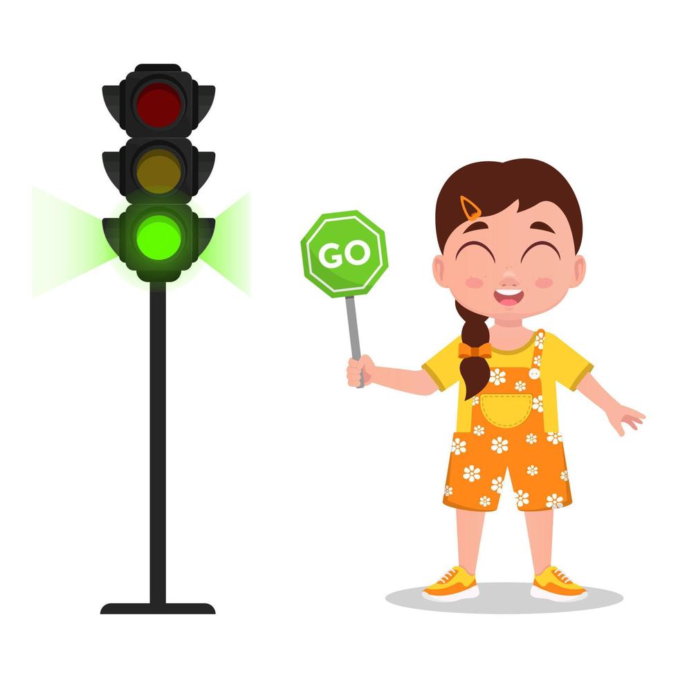 Girl with a sign to go. The traffic light shows a green signal vector