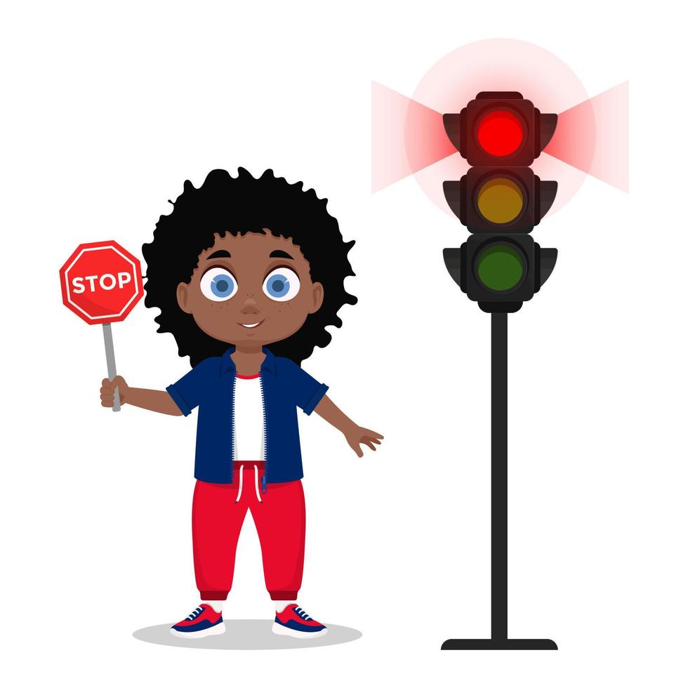 Boy with stop sign. The traffic light shows red, signal vector