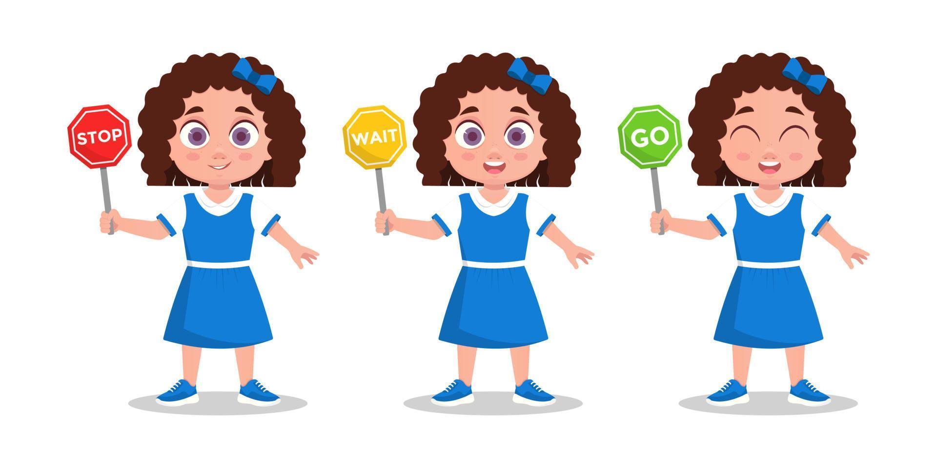 Set of girls, child girl with road sign vector
