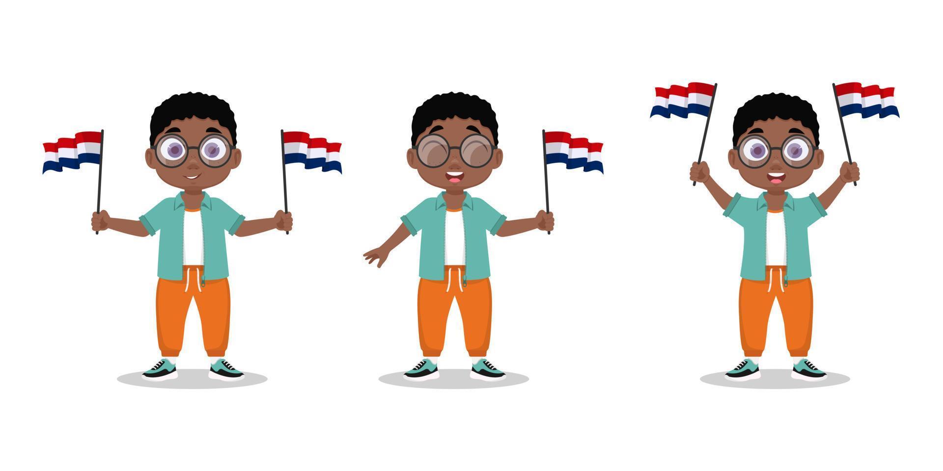 Set of child with the flag of the Netherlands in his hand. Boy with a flag vector