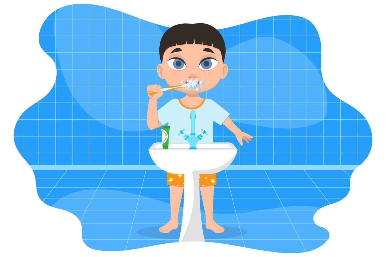 Boy in pajamas brushing his teeth, in the bathroom vector