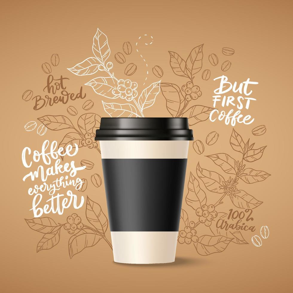 Paper Coffee Cup with Coffee Tree Branch Doodle and Quotes vector