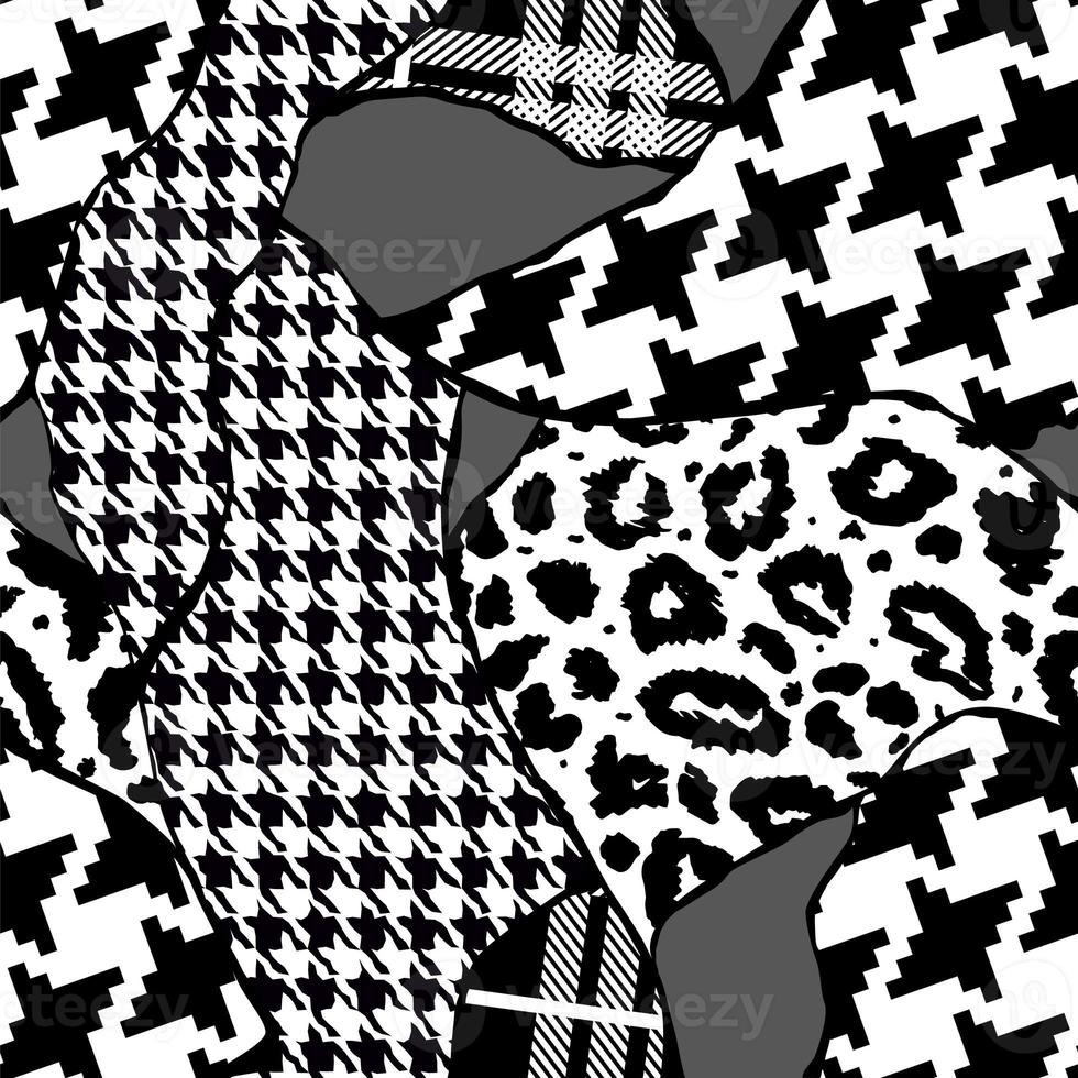 Black and whiye modern patchwork collage animal skin mixed with geometric pattern, tartan and border ornament in seamless vector design for fashion,fabric, wallpaper photo