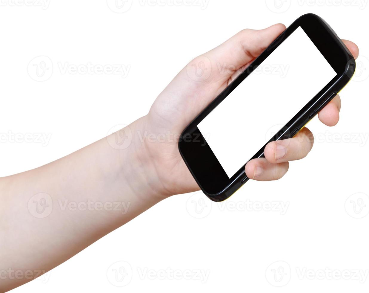 girl holds mobile phone with cut out screen photo