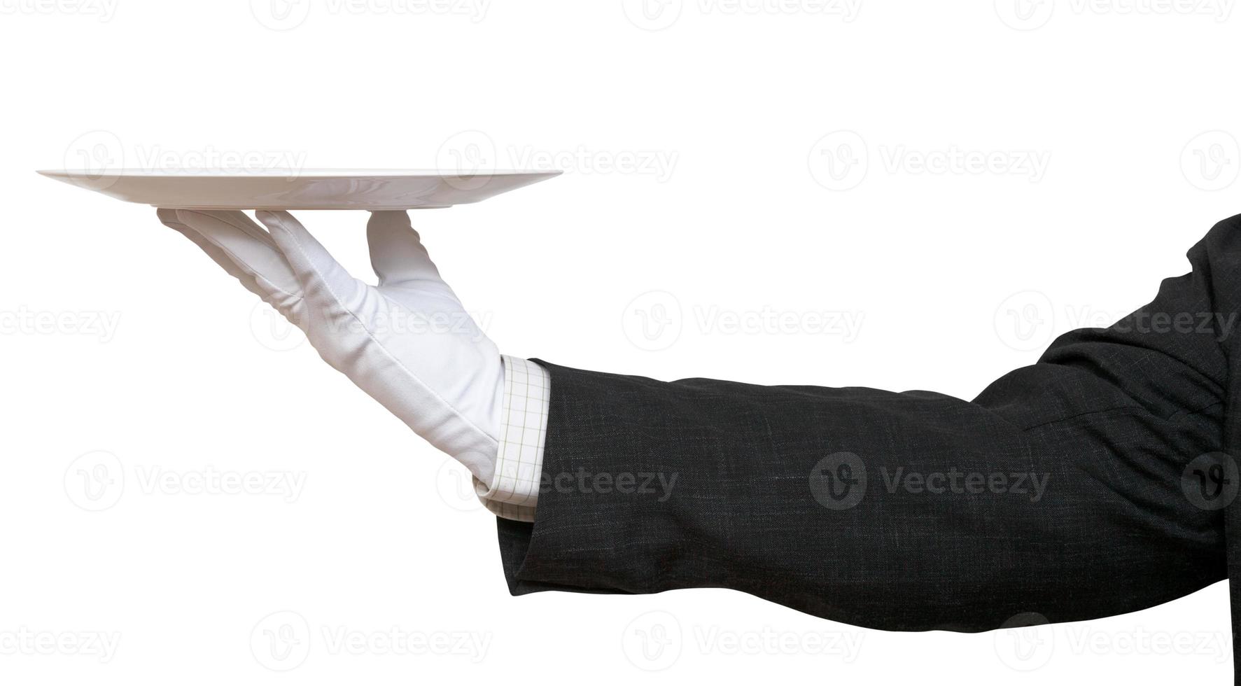 side view of hand in white glove with white plate photo