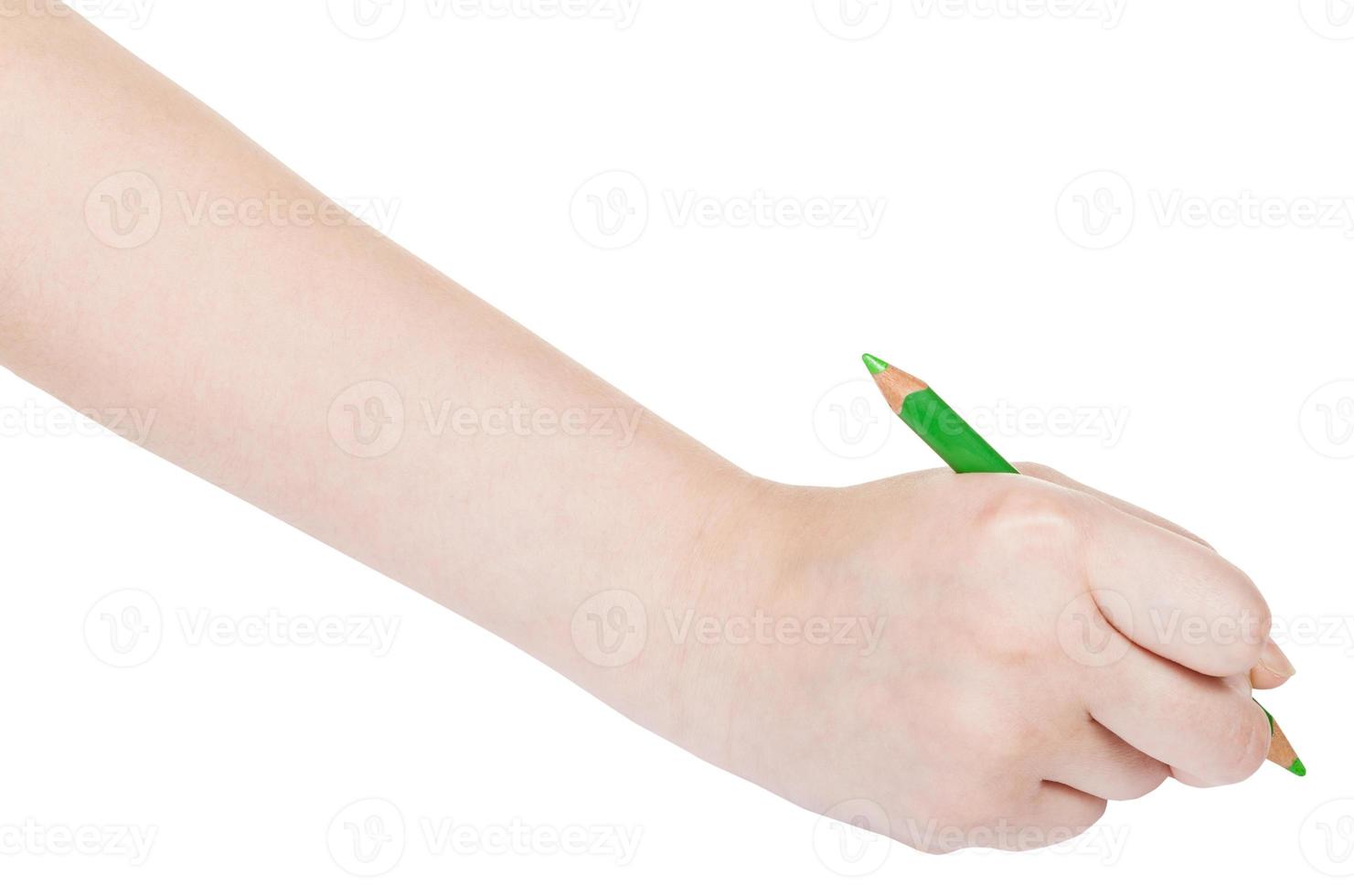 hand paints by green pencil isolated on white photo
