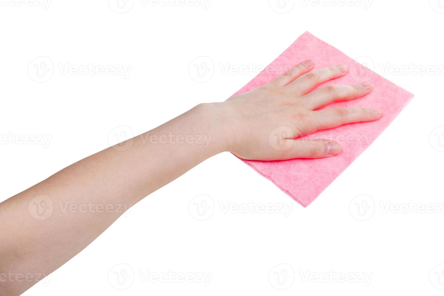 hand with pink washing rag isolated on white photo