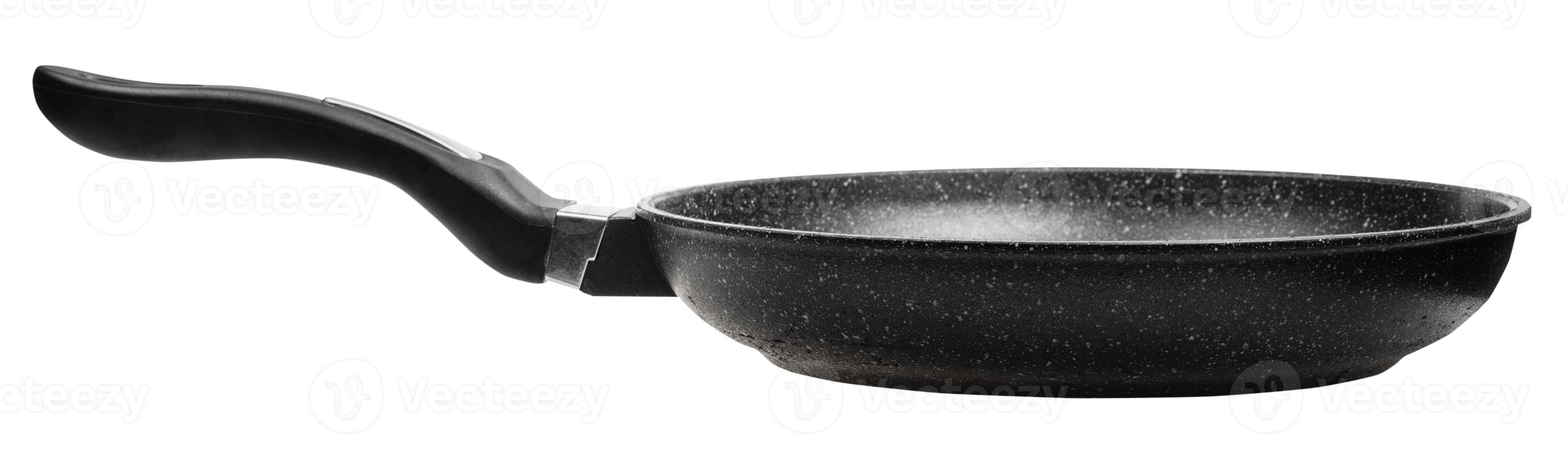 side view of open black frying pan isolated photo