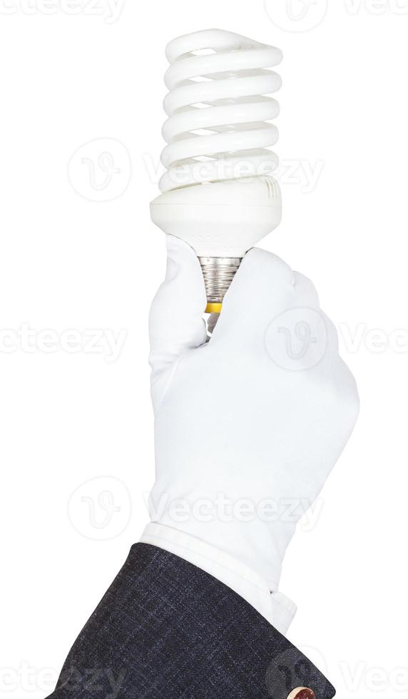 male hand in suit and glove holds CFL lamp photo