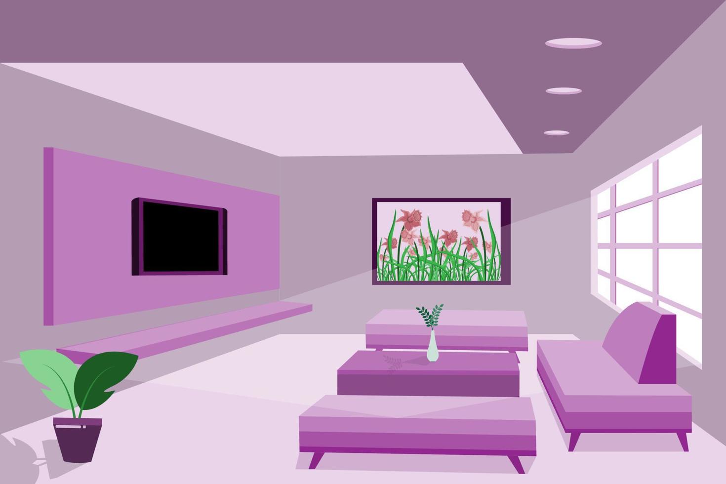 habitación interior minimalista con un sofá de pintura y televisión con gradaciones moradas vector