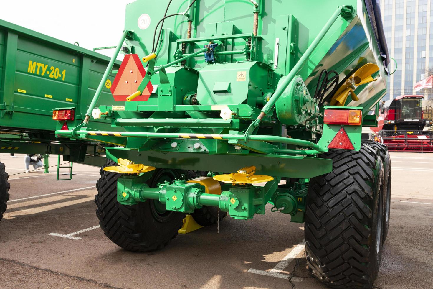 Minsk, Belarus, September 20, 2022- Tractor semi-trailer, trailer for applying mineral, nitrogen and chemical fertilizers to the soil. photo