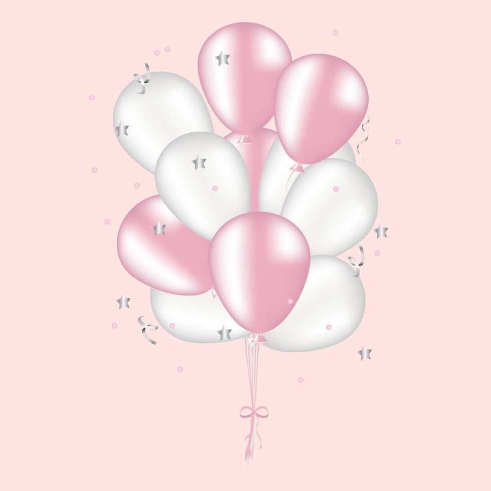 Bouquet, bouquet of realistic transparent, pink and white balloons and serpentine, confetti in delicate pastel colors. vector