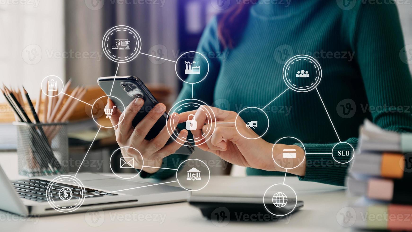Business hand analyzing sales data and economic growth and pointing at business report document with icon and graph financial, marketing, online banking and payment, at office photo