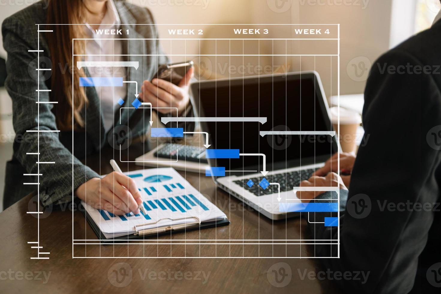 Project manager working and update tasks with milestones progress planning and Gantt chart scheduling diagram.business working photo