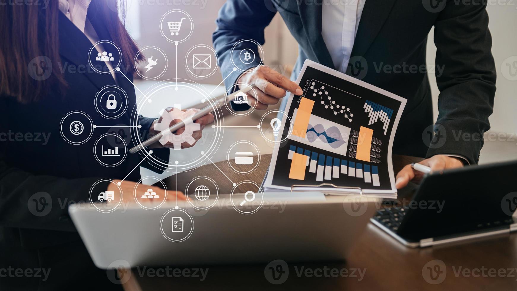 Business team present. professional investor working new start up project. tablet laptop computer with digital marketing media in virtual icon design Finance meeting. photo