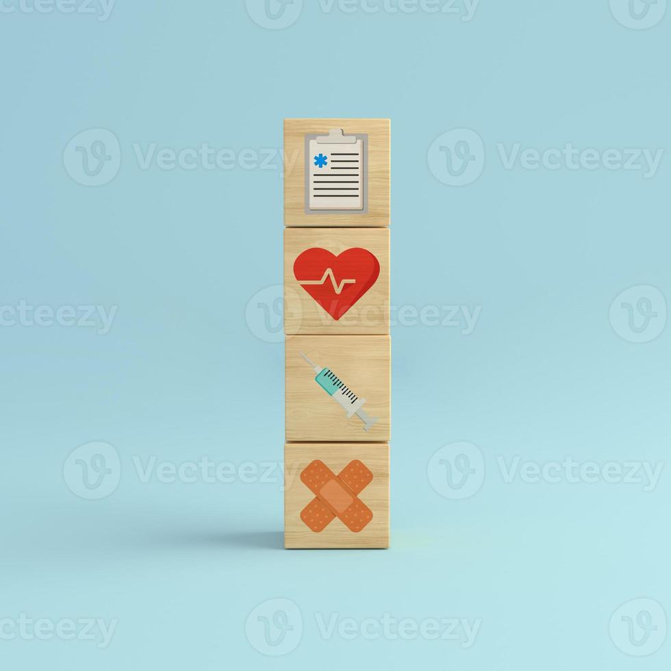 Healthcare icon syringe, health and band on blue background. Wooden cube block tower . Vaccine concept. 3D rendering. photo
