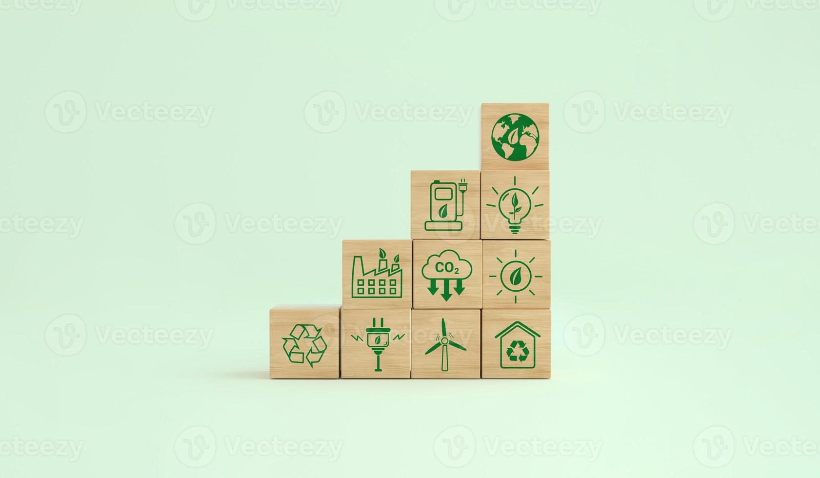 Carbon footprint ecological symbols on a wooden cube. Alternative energies to save the planet. Environmental concept, climate change. photo
