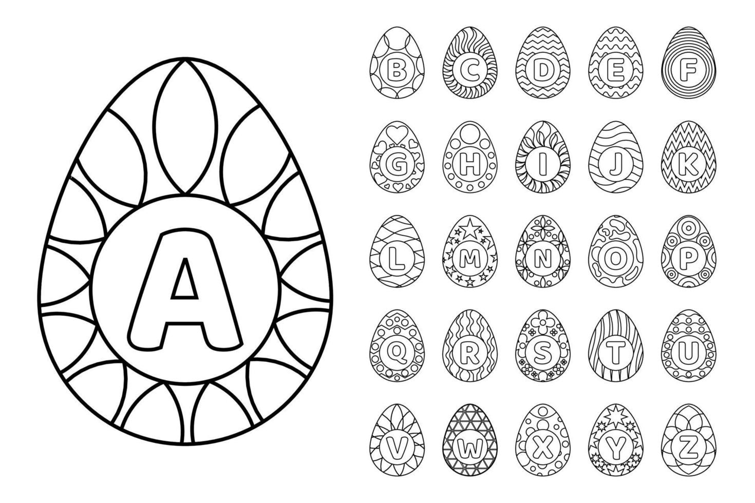 Página para colorear de huevos para niños con alfabeto de la A a la Z vector