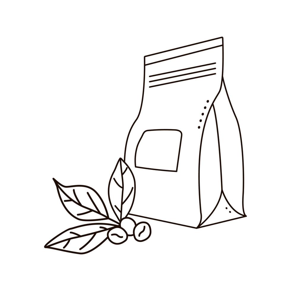 bolsa de papel kraft con granos de café en una ventana transparente aislada en fondo blanco. estilo garabato. vector