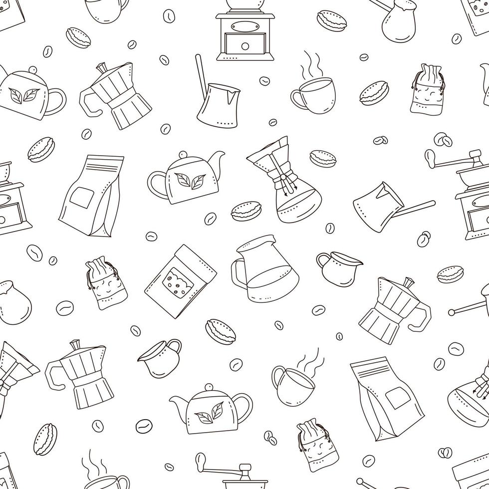 Doodle coffee seamless pattern with cups and pots on white background. vector