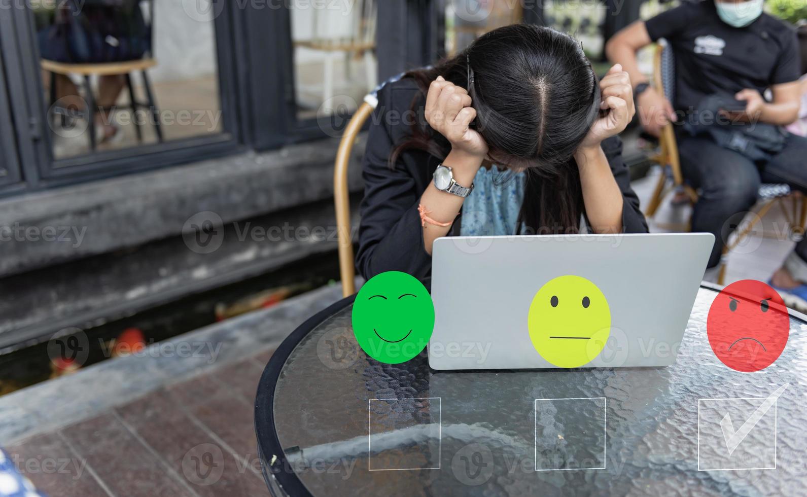 Customer Experience dissatisfied Concept, Unhappy Businessman Client with Sadness Emotion Face on smartphone screen, Bad review, bad service dislike bad quality, low rating, social media not good. photo