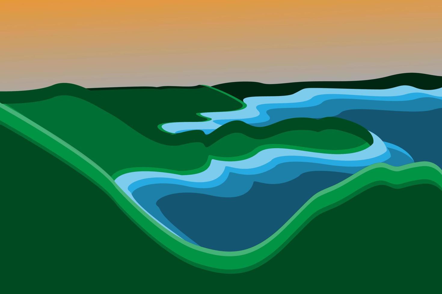 hermosa vista de las montañas y el mar por la noche con puesta de sol vector