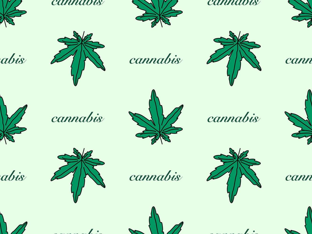 Cannabis cartoon character seamless pattern on green background vector