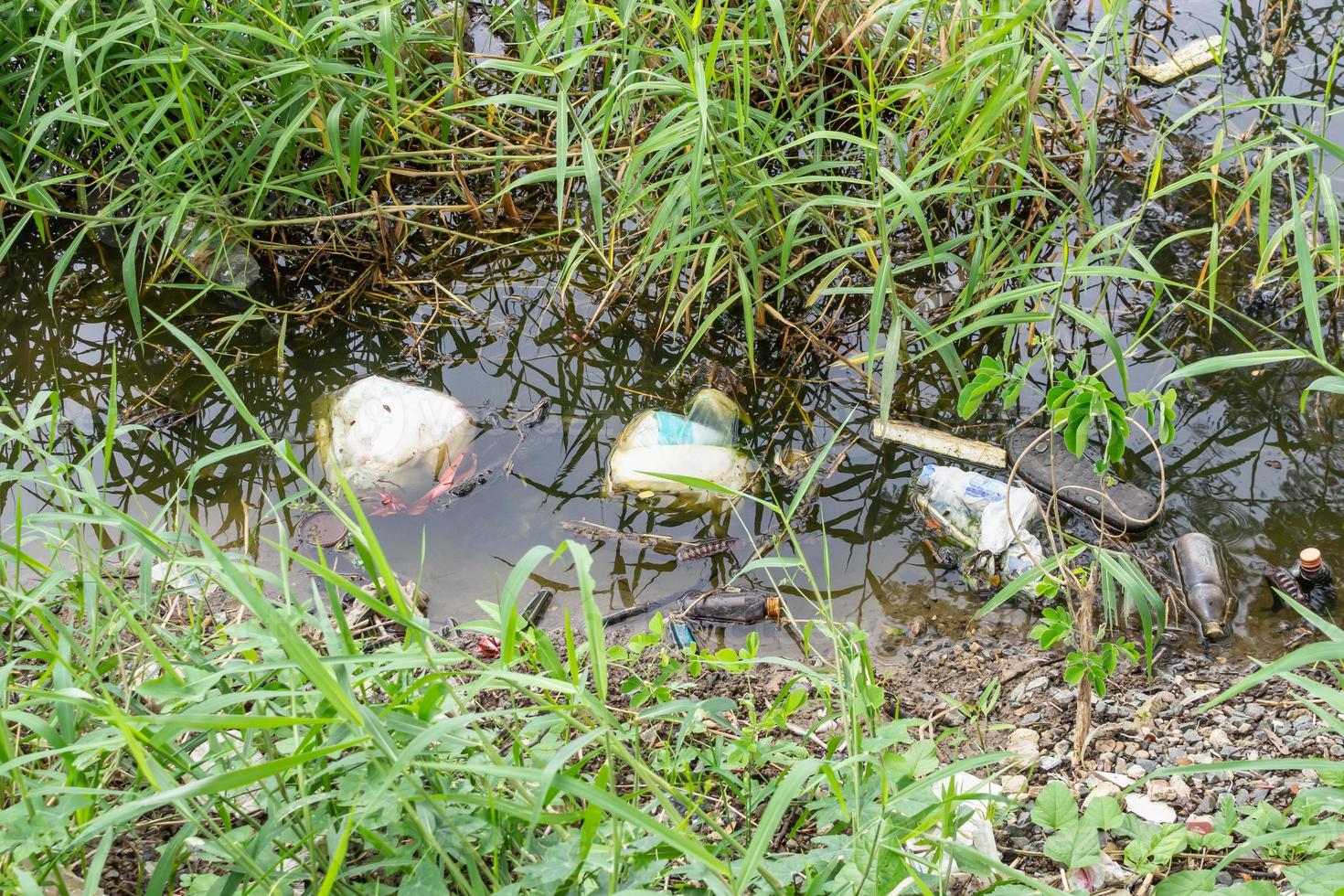 Plastic pollution in water pond environment photo