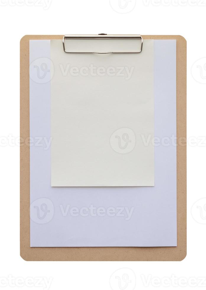 Wooden clipboard with blank paper isolated on white background photo