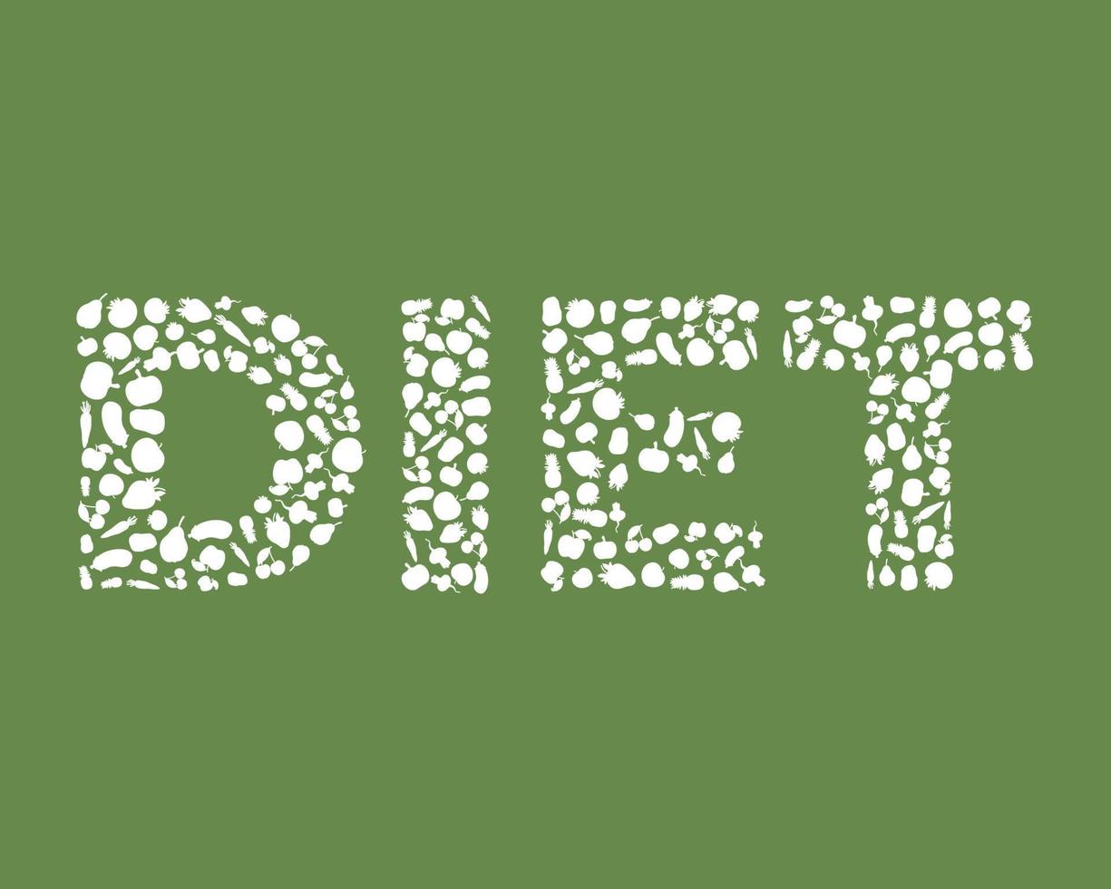 dieta de palabras compuesta de frutas y verduras, ilustración para un menú vegetariano o vegano. vector