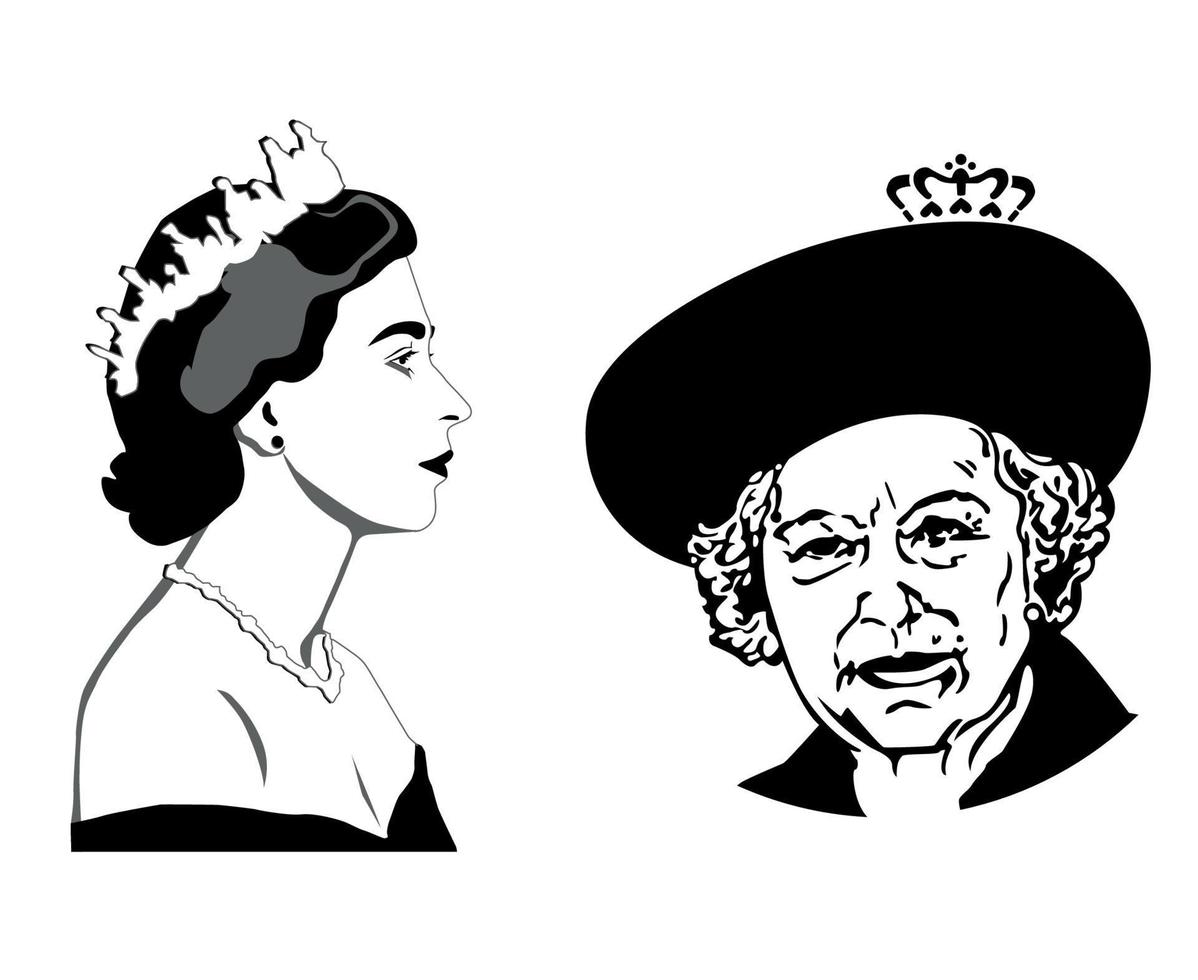 Queen Elizabeth Face Portrait Young And Old Black British United Kingdom National Europe Vector Illustration Abstract Design Element