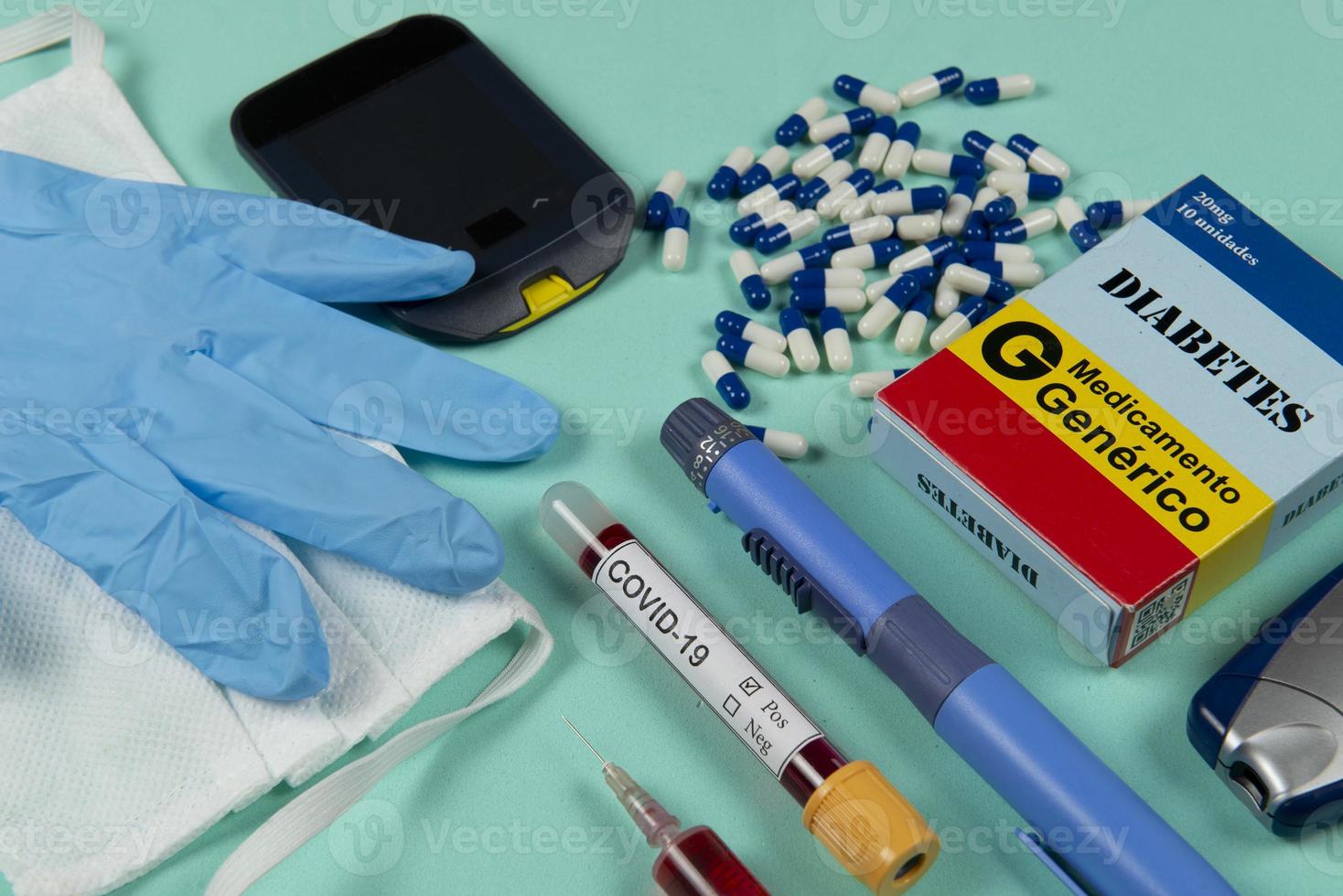 various elements of medicine on a green background photo