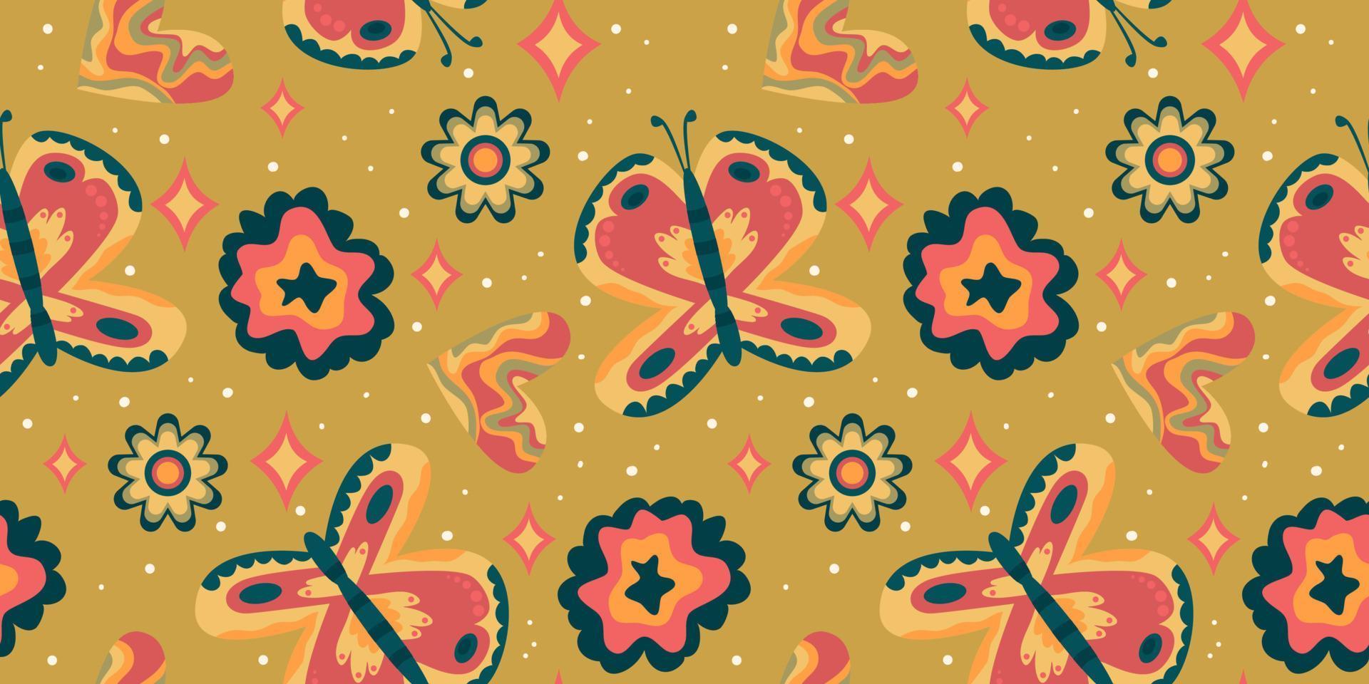 Retro butterfly groovy seamless pattern. Boho vector background. Hippie psychedelic seamless pattern. Retro groovy background. Design with daisy flower and star