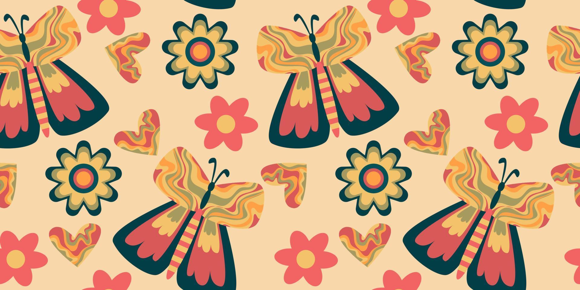 Retro butterfly groovy seamless pattern. Boho vector background. Hippie psychedelic seamless pattern. Retro groovy background. Design with daisy flower and heart