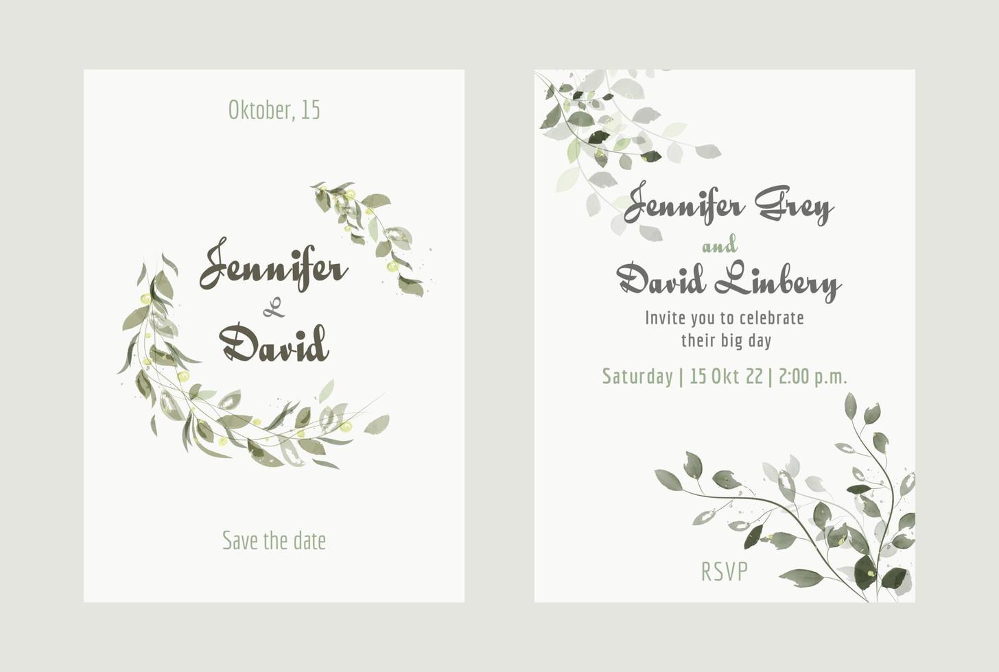 Watercolor wedding invitation with green leaves in rustic style vector