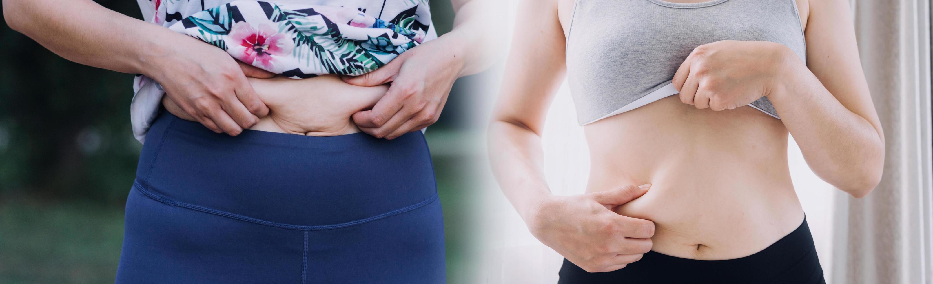 hermosa mujer gorda con cinta métrica usa su mano para exprimir el exceso de grasa que está aislado en un fondo blanco. ella quiere perder peso, el concepto de cirugía y descomponer grasa bajo el foto