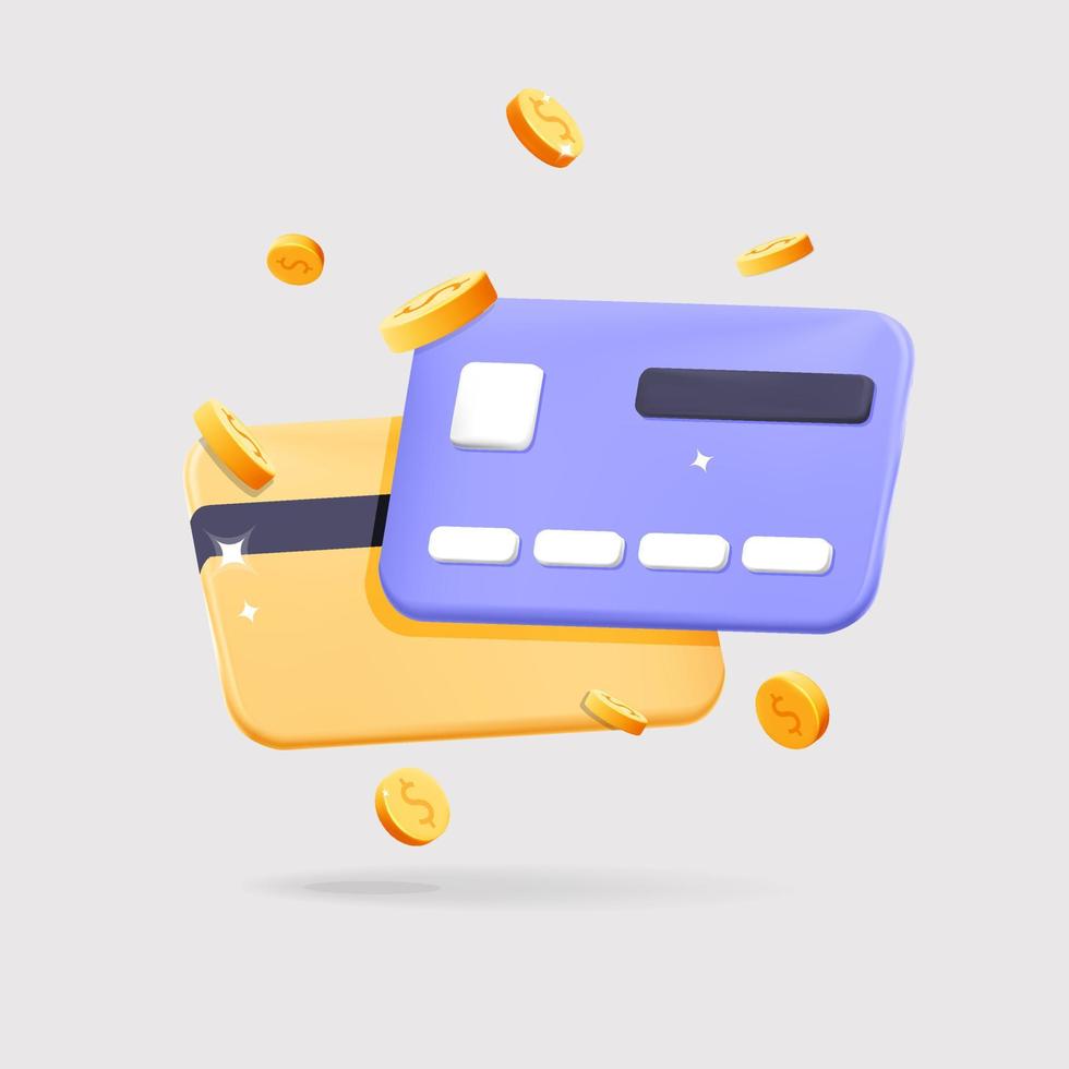 Tarjetas de crédito de vector 3d con ilustración de diseño de renderizado de dibujos animados de monedas de dólar de oro volador