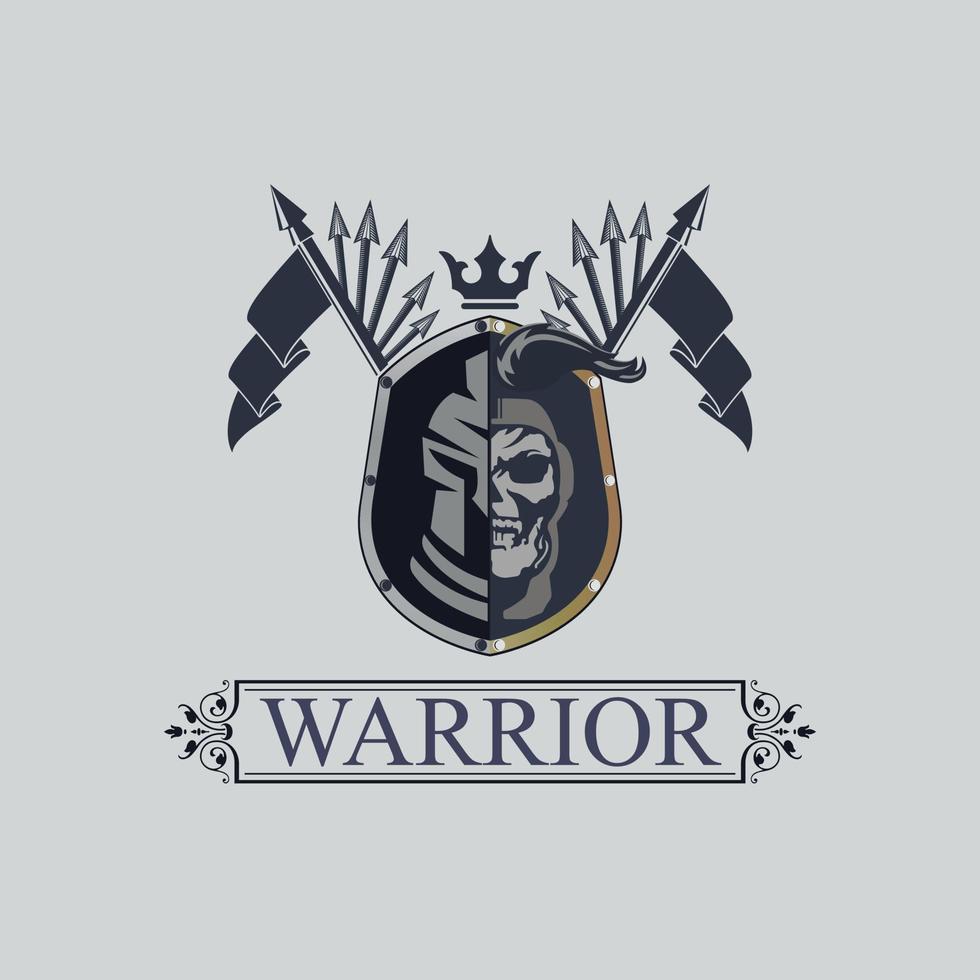 gladiador espartano cráneo guerrero escudo arma armadura logotipo diseño plantilla para marca o empresa vector