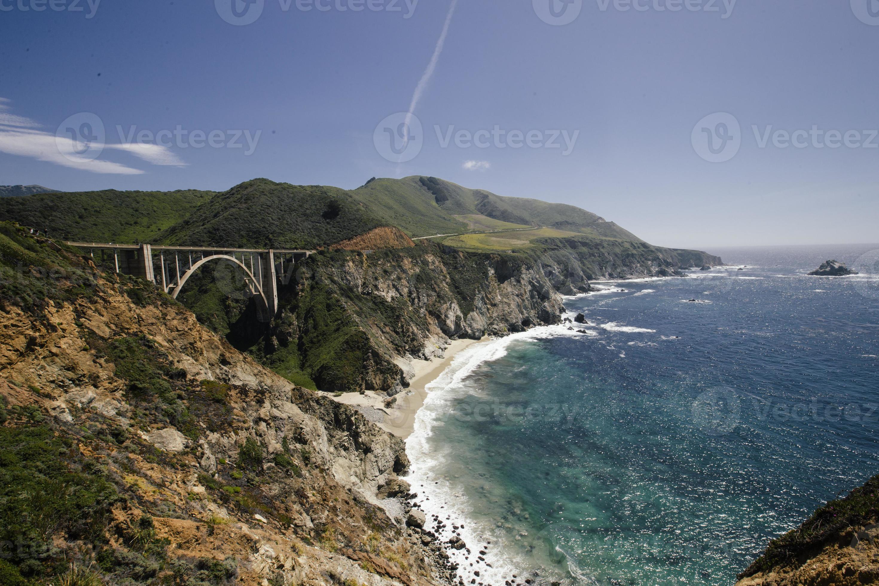 Wide angle vintage landscape view of Bixby Bridge in Big Sur