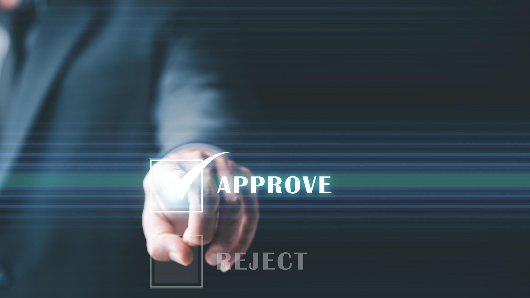 businessman showing virtual approval mark Great Business Assurance Ideas Inspection approval form or report, passed inspection, guaranteed results, positive satisfaction. photo
