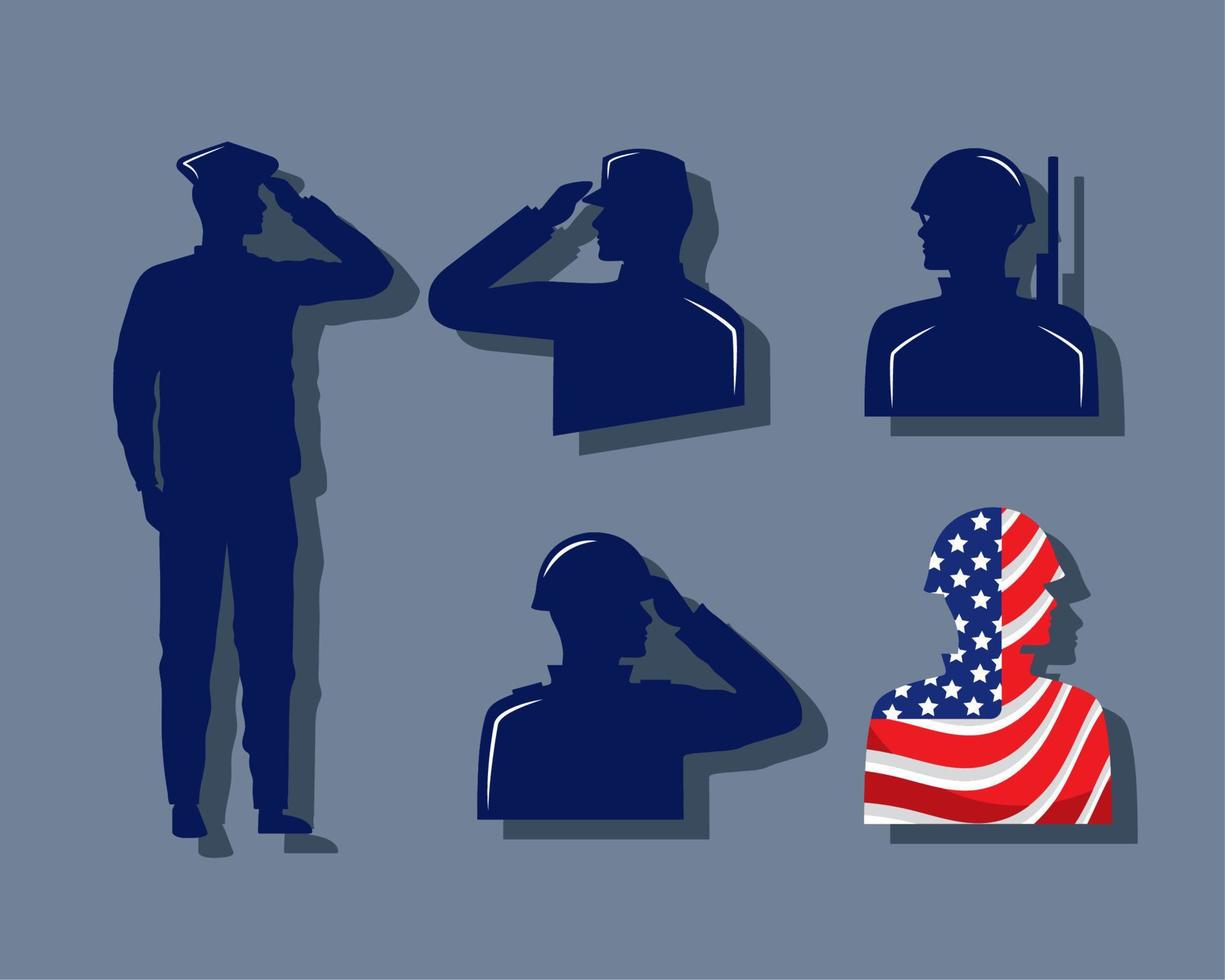 five usa soldiers silhouettes vector