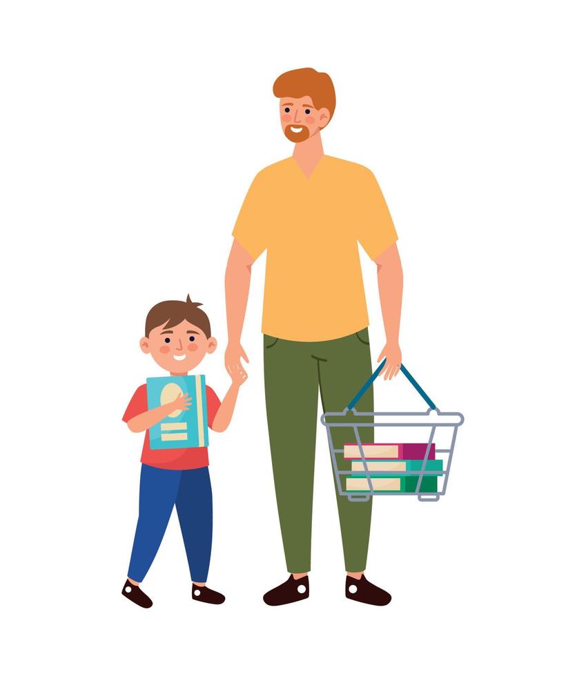 dad and son buying supplies vector