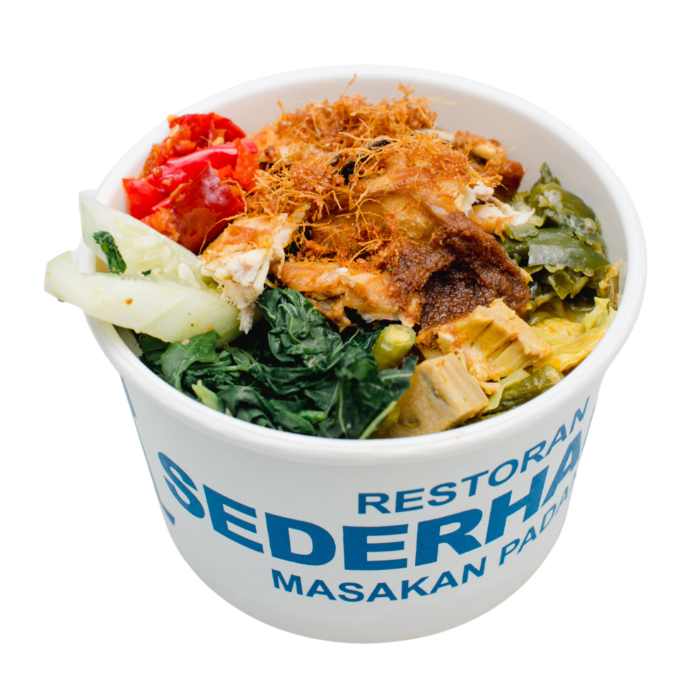 a bowl of nasi padang. rice with chicken curry and same vegetables. indonesian food in a bowl png