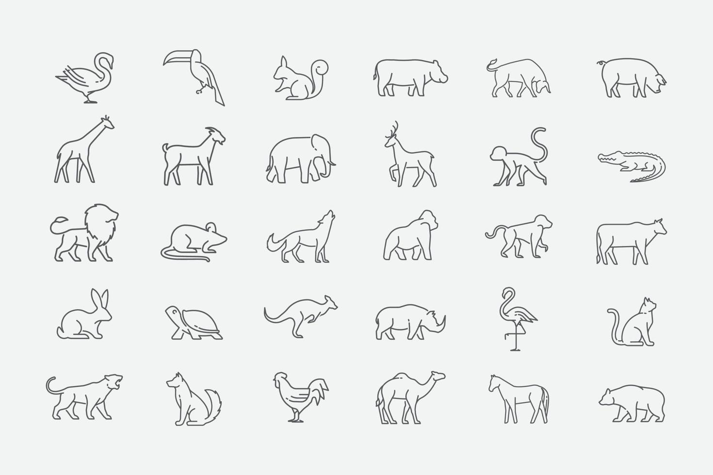 iconos de vida silvestre establecidos en estilo lineal. paquete de iconos de animales. salvaje, mascota, conjunto de iconos de vector de zoológico. ilustración vectorial