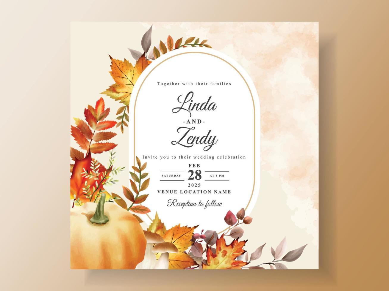 plantilla de tarjeta de invitación de boda con hojas de otoño dibujadas a mano vector