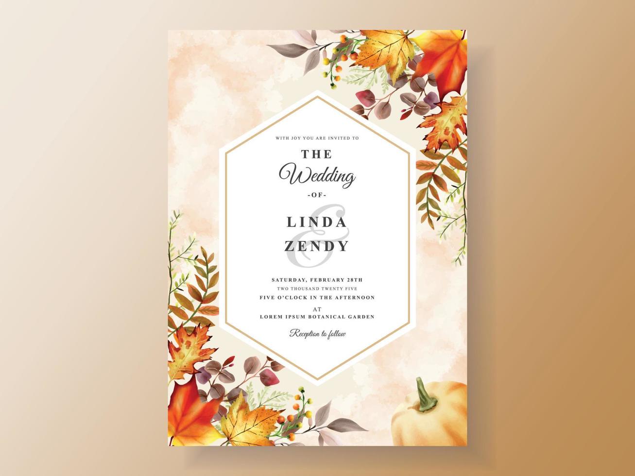 wedding invitation card template with hand drawn autumn leaves vector