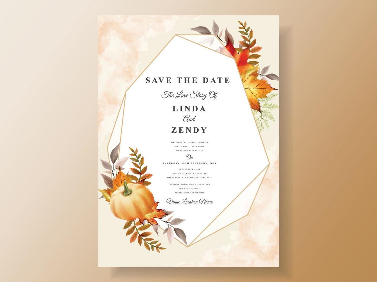 plantilla de tarjeta de invitación de boda con hojas de otoño dibujadas a mano vector